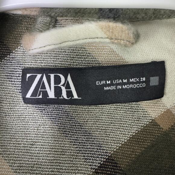 Zara Jacket Womens Medium Green Beige Plaid Wool Blend Shacket Overshirt Buttons - Picture 4 of 7